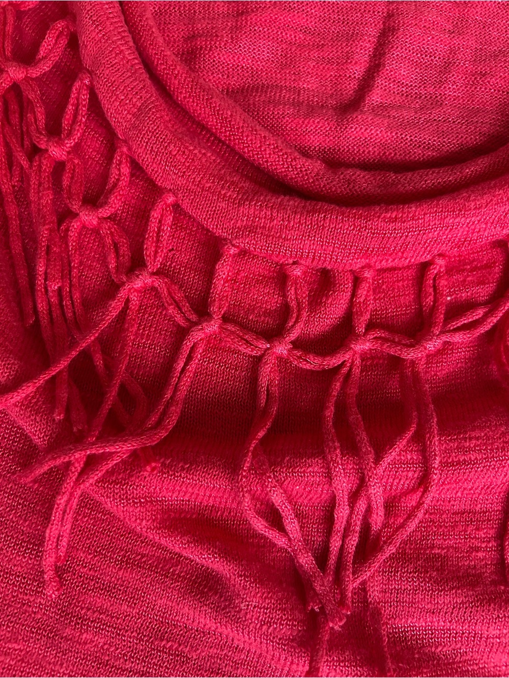 Chico's Bright Red Short-Sleeve Knit Top with Fringe Scoop Neck - Picture 2 of 4
